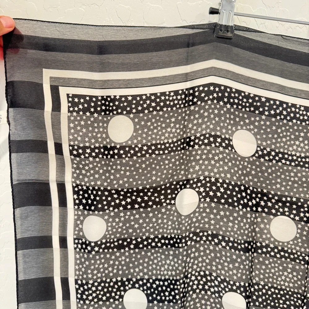 Silken Celestial Scarf Black White Moon Stars Sheer Italy Made Whimsigoth Witchy
